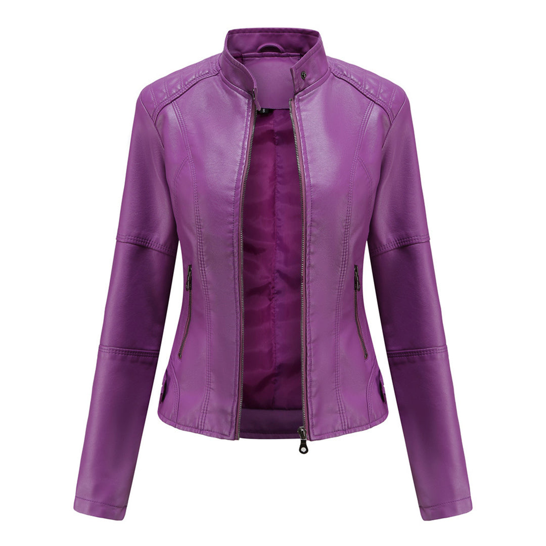 Violet sleek zip-up jacket with stand collar and front zipper