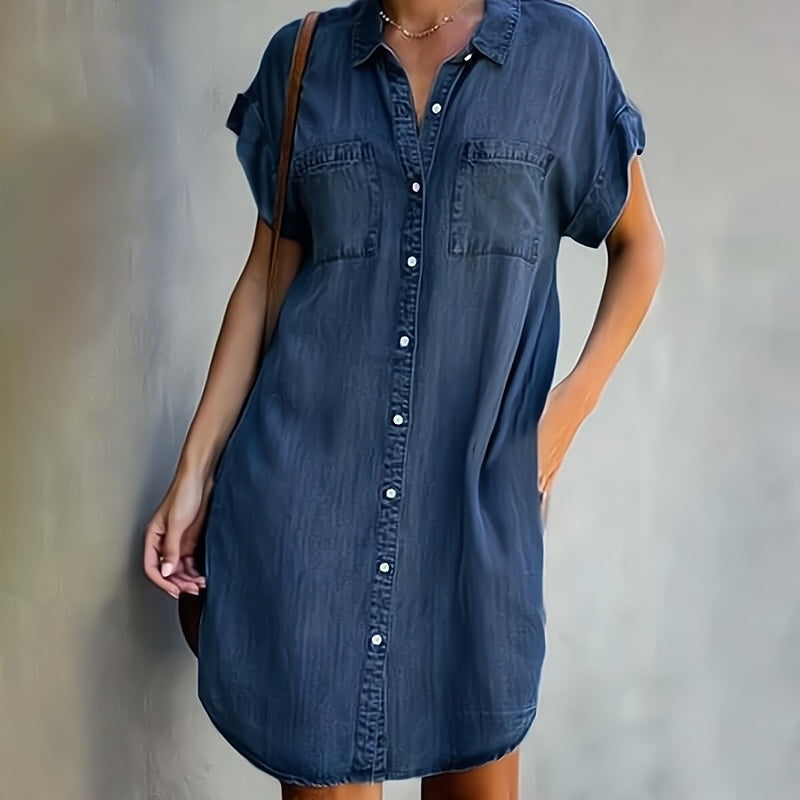 Dark blue button-through denim shirt dress with short sleeves, collar, and chest pockets