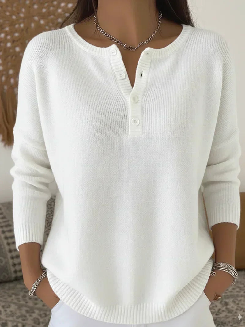 White henley button-up knit sweater with henley neckline and buttons