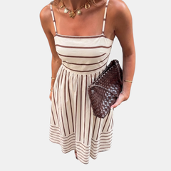 White striped thin-strap maxi dress with square neckline and gathered waist skirt