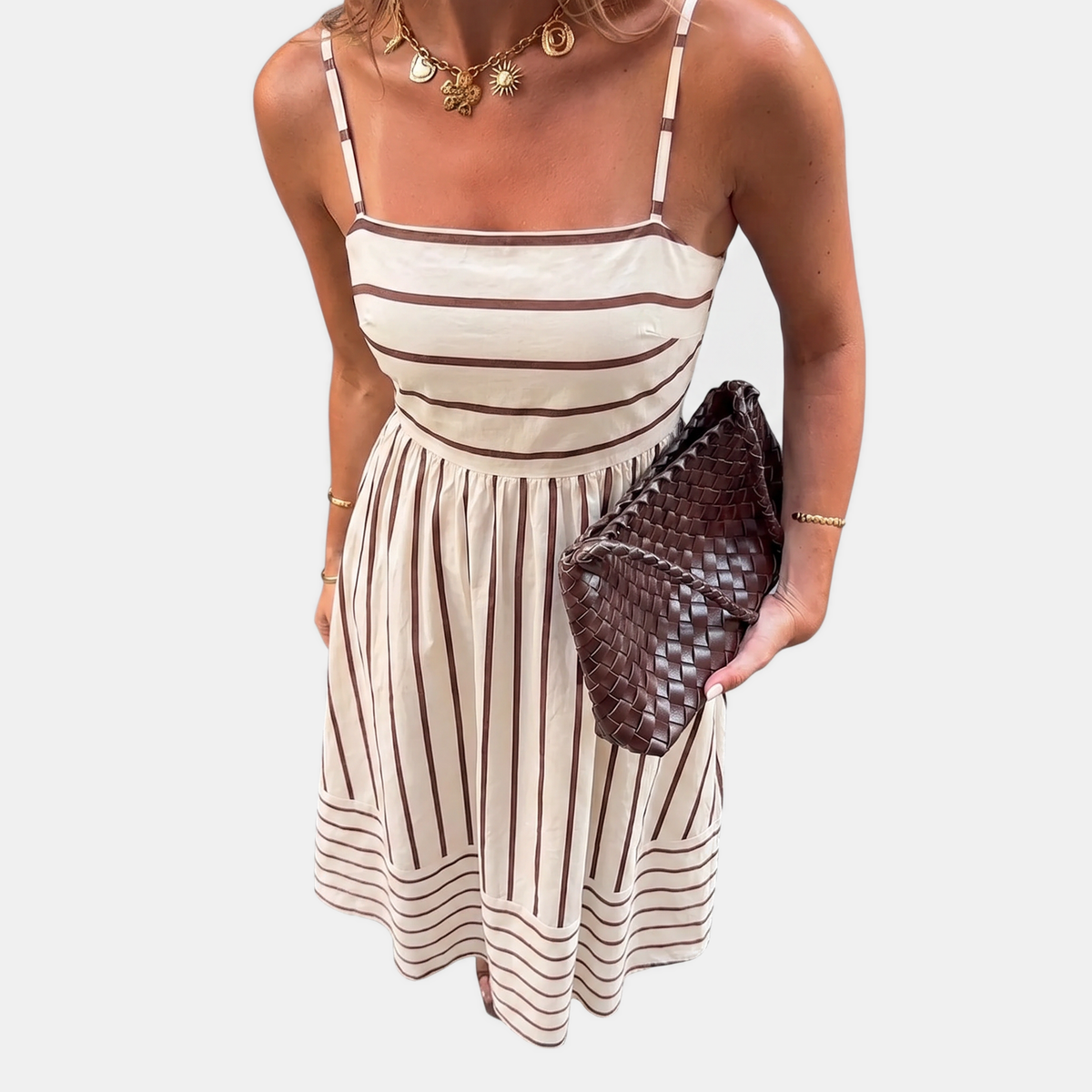 White striped thin-strap maxi dress with square neckline and gathered waist skirt