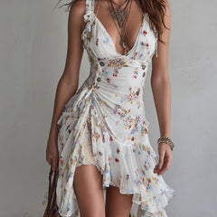 White floral V-neck spaghetti strap mini dress with tiered ruffle hem
