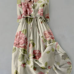 Iris™ rose dress, cream with pink roses and green leaves, button-front, gathered waist