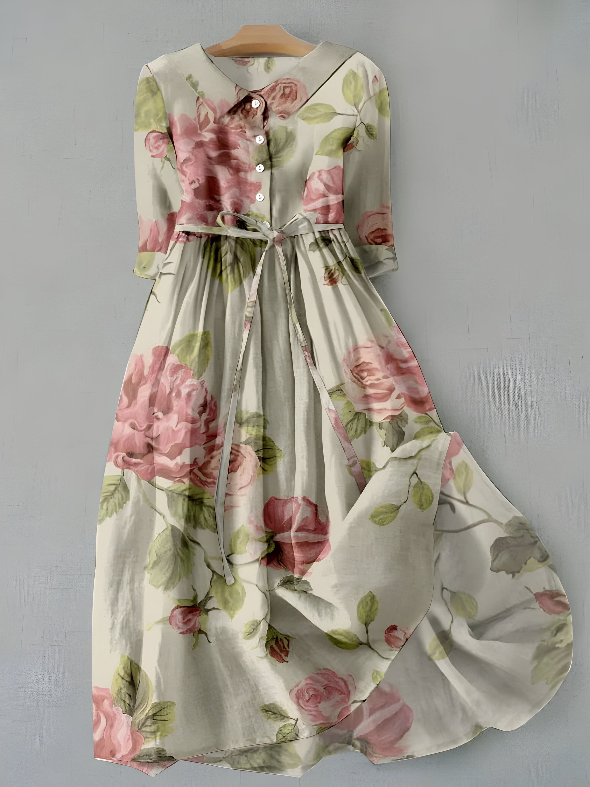 Iris™ rose dress, cream with pink roses and green leaves, button-front, gathered waist