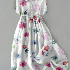 Girls white floral dress with button front, short sleeves, gathered waist