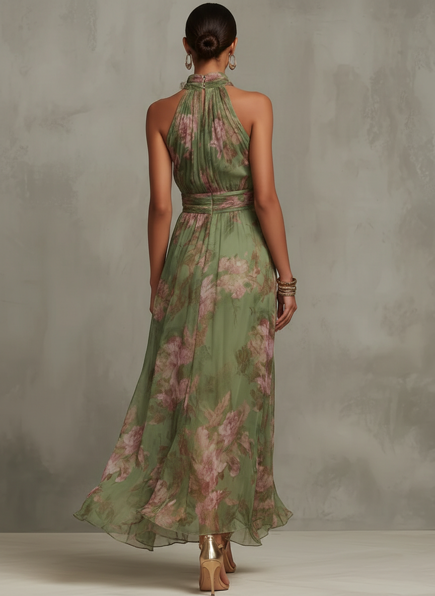Green floral chiffon halter maxi dress, open back with ruched waist and full skirt