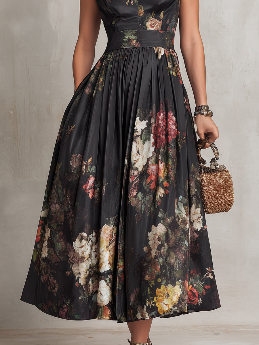 Black Keyhole Floral Midi Dress