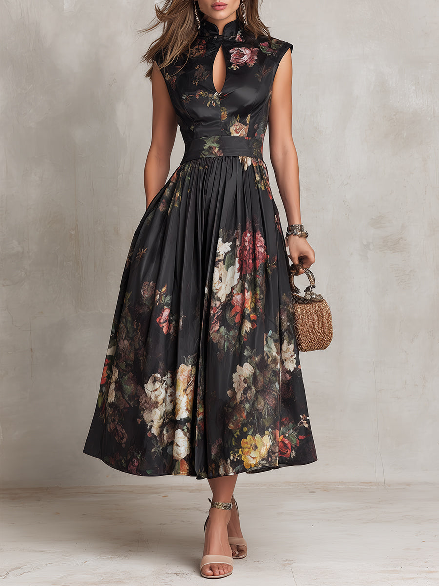Black Keyhole Floral Midi Dress