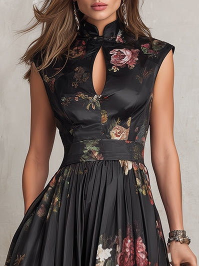 Black satin midi dress close-up: floral print, sleeveless keyhole neckline bodice