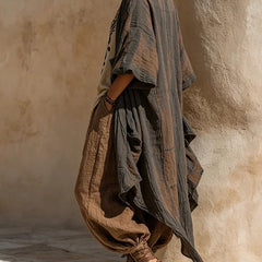 Set boho nomad: kimono grigio scuro, tunica crema e pantaloni ampi marroni
