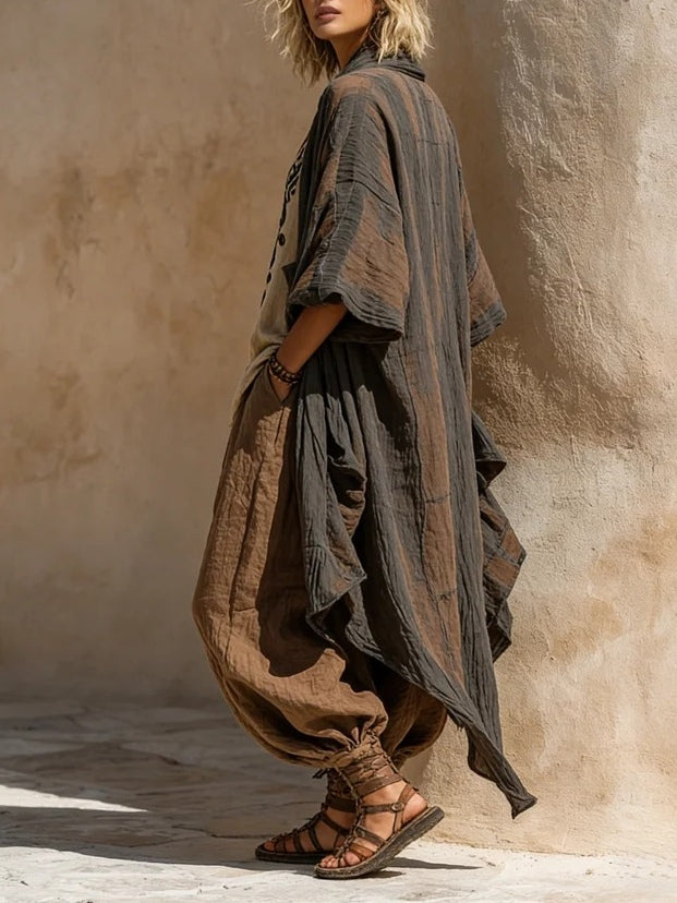 Set boho nomad: kimono grigio scuro, tunica crema e pantaloni ampi marroni