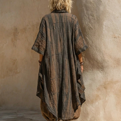 Set boho nomad: kimono scuro lungo e pantaloni ampi marroni (retro)
