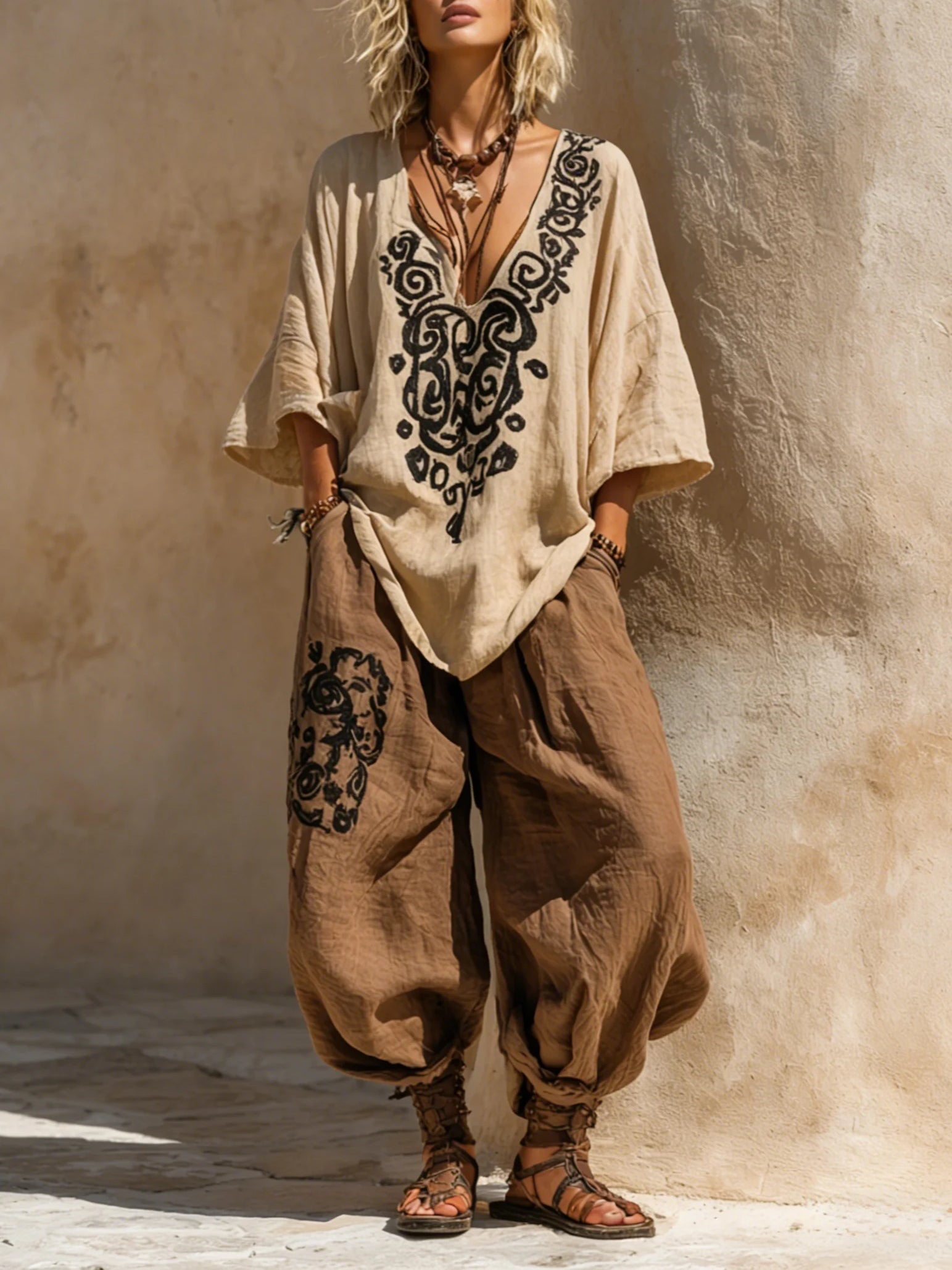 Set boho nomad: kimono chiaro, tunica crema ricamata e pantaloni ampi marroni