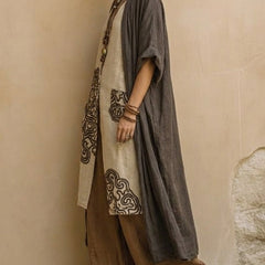 Dark gray linen kimono with tribal print panel and brown wide-leg pants, side view