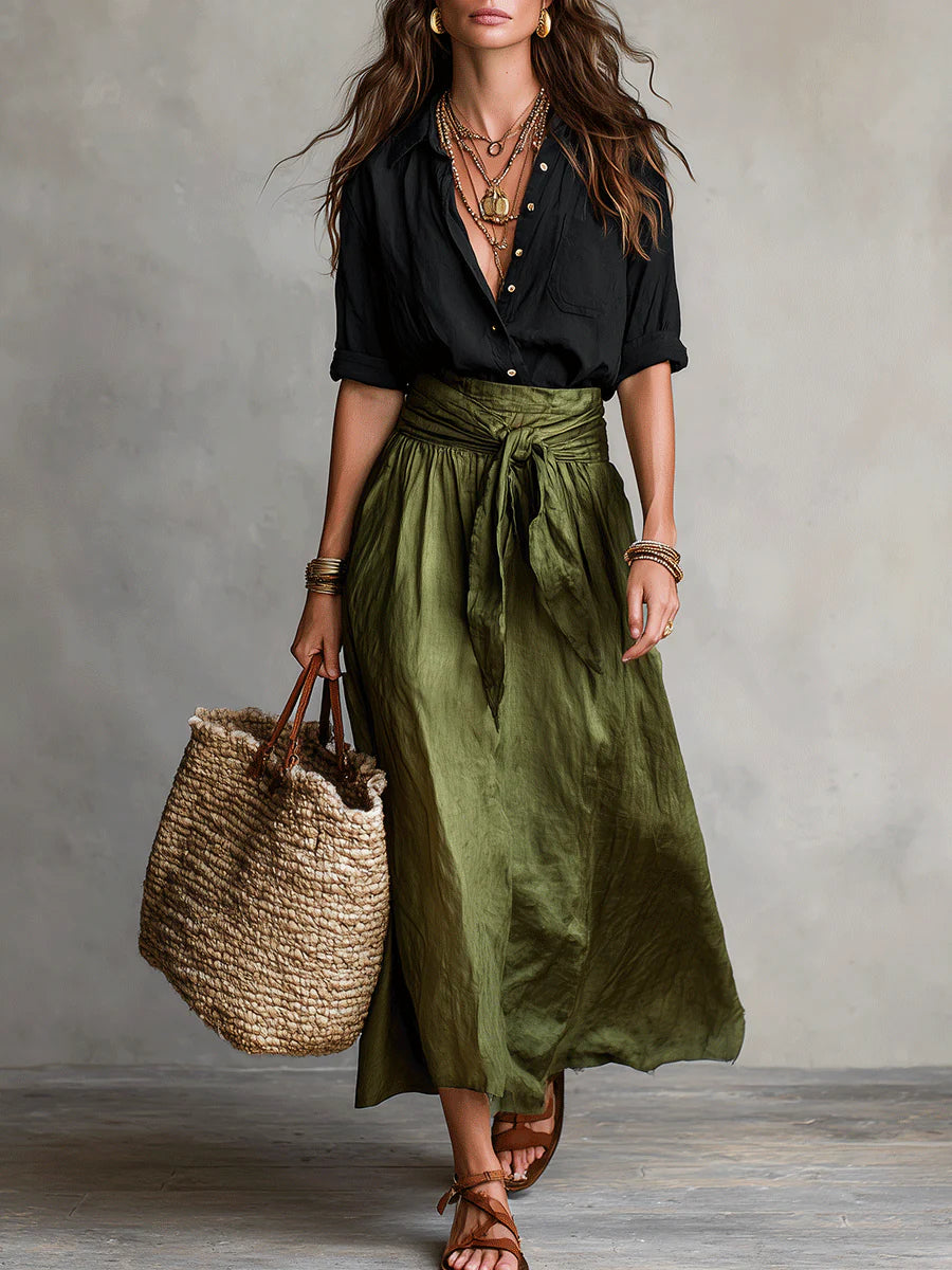 Black blouse top and olive green midi skirt two-piece set, front view