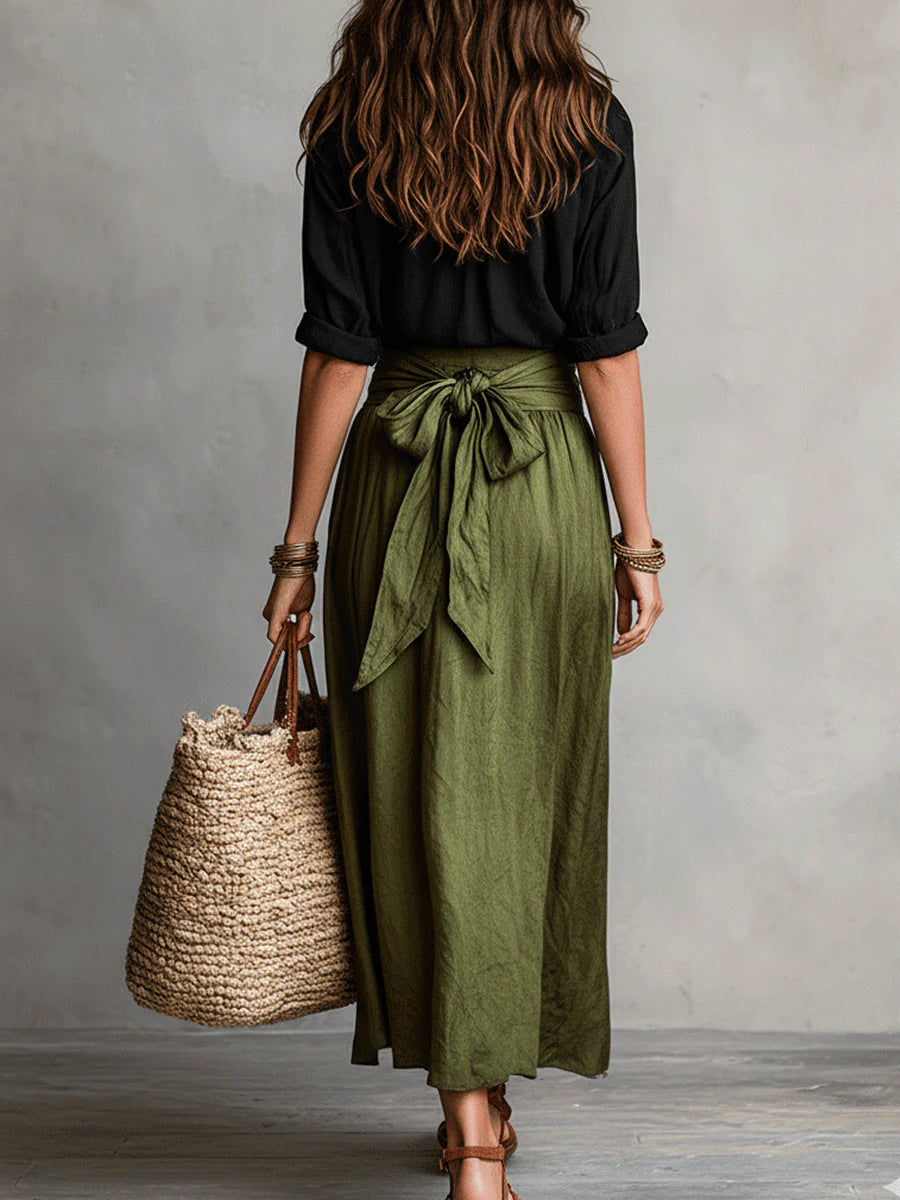 Black blouse top and olive green midi skirt two-piece set, back view