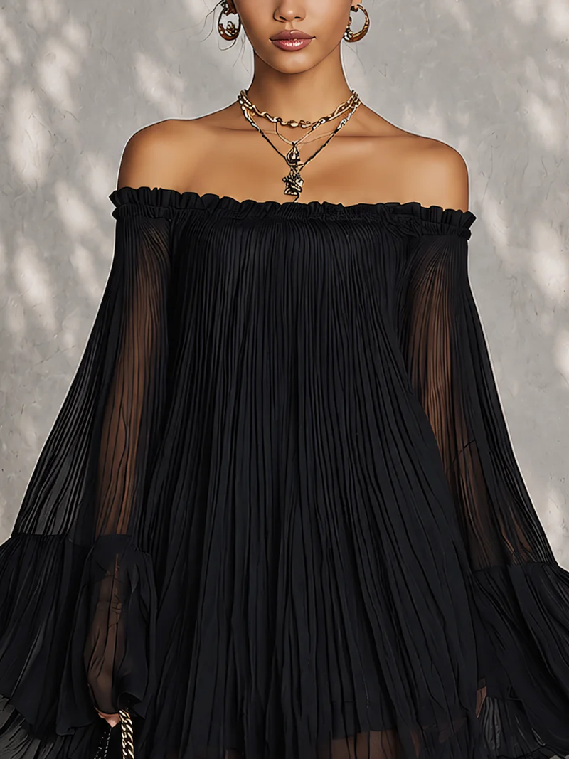 Black off-shoulder ruffle-sleeve midi dress with smocked neckline and sheer sleeves