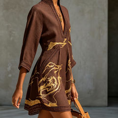 Dark brown lace midi dress with V-neck, gold embroidery, lace-trim 3/4 sleeves
