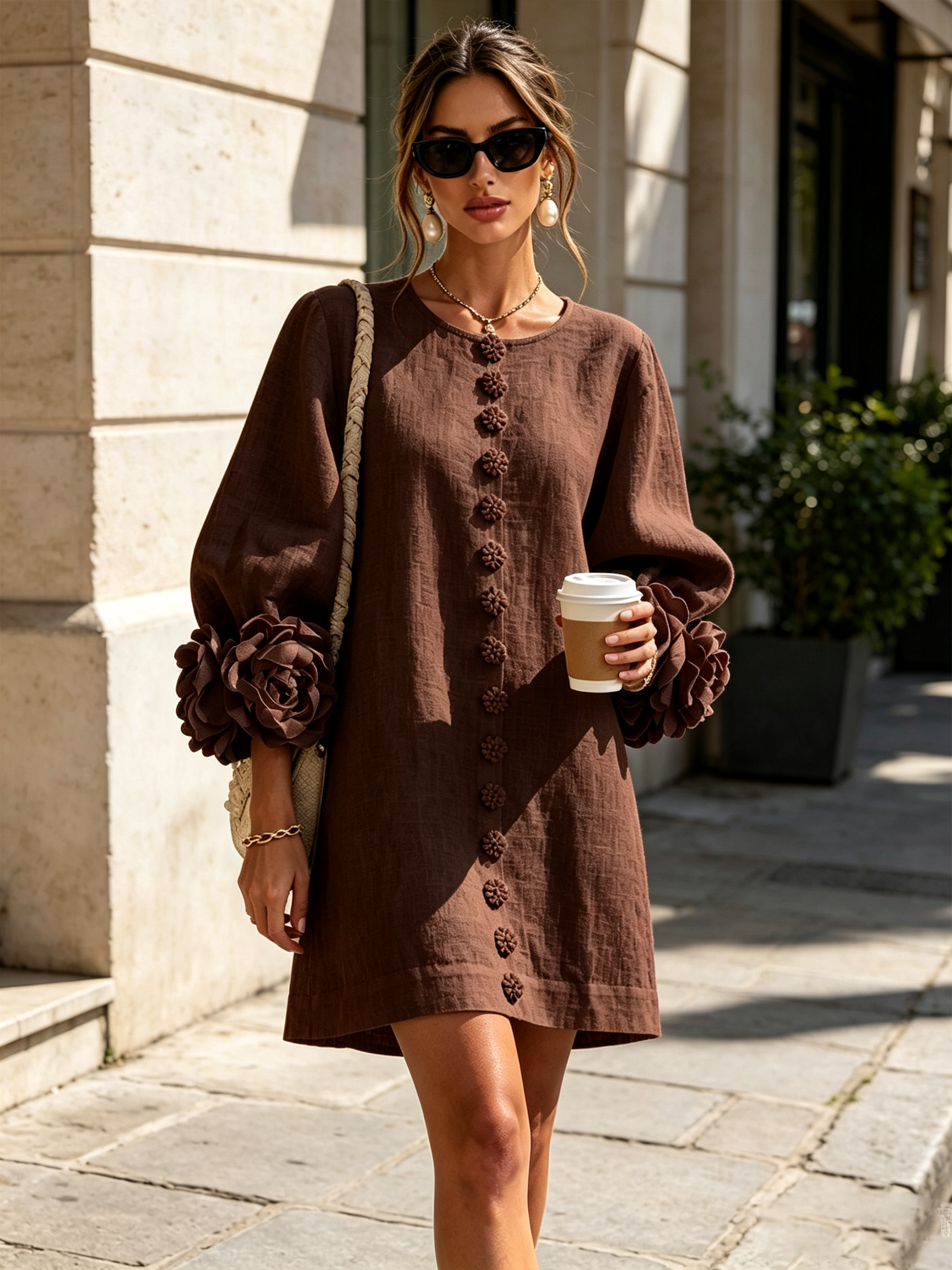 Dark brown button-front midi dress with vertical button placket and flower sleeve cuffs
