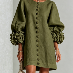 Olive green button-front midi dress with round neckline and puff sleeves with rosette cuffs
