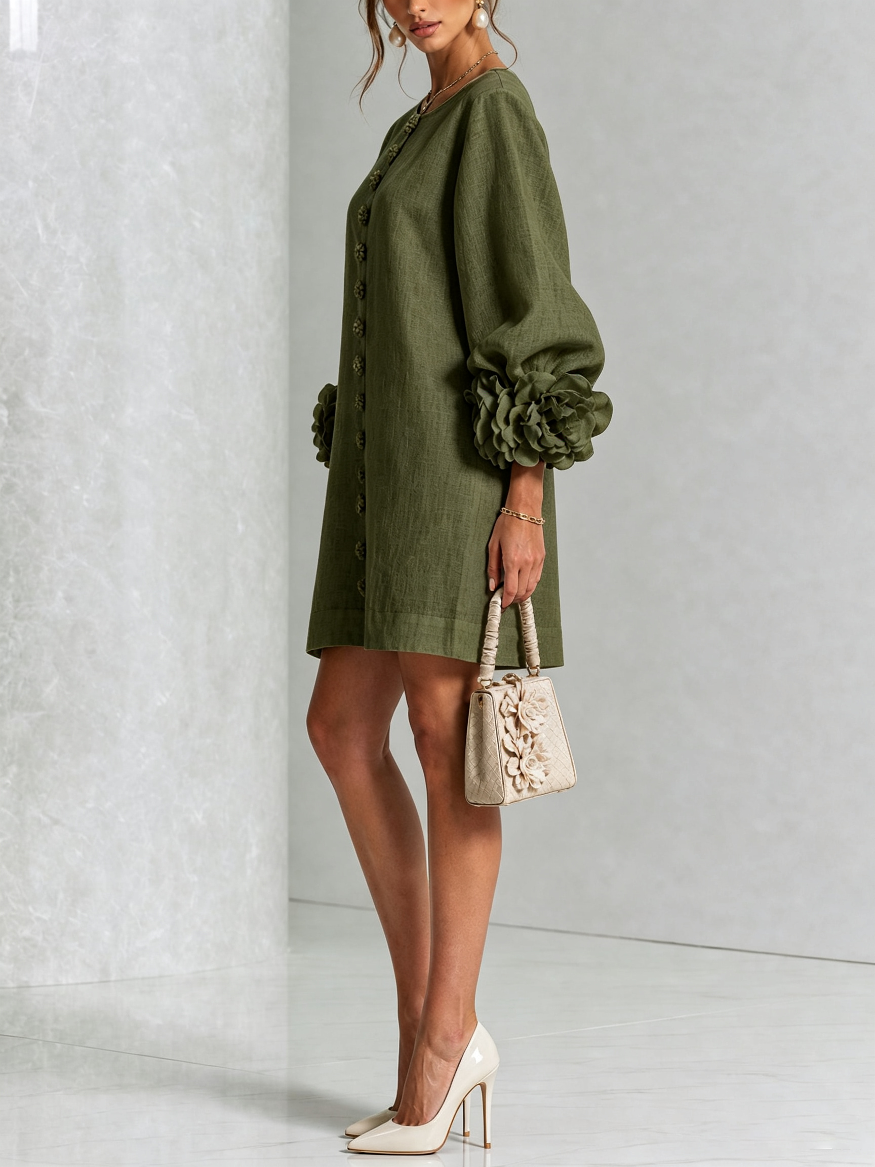 Olive button-front midi dress with decorative rosette cuffs and long sleeves