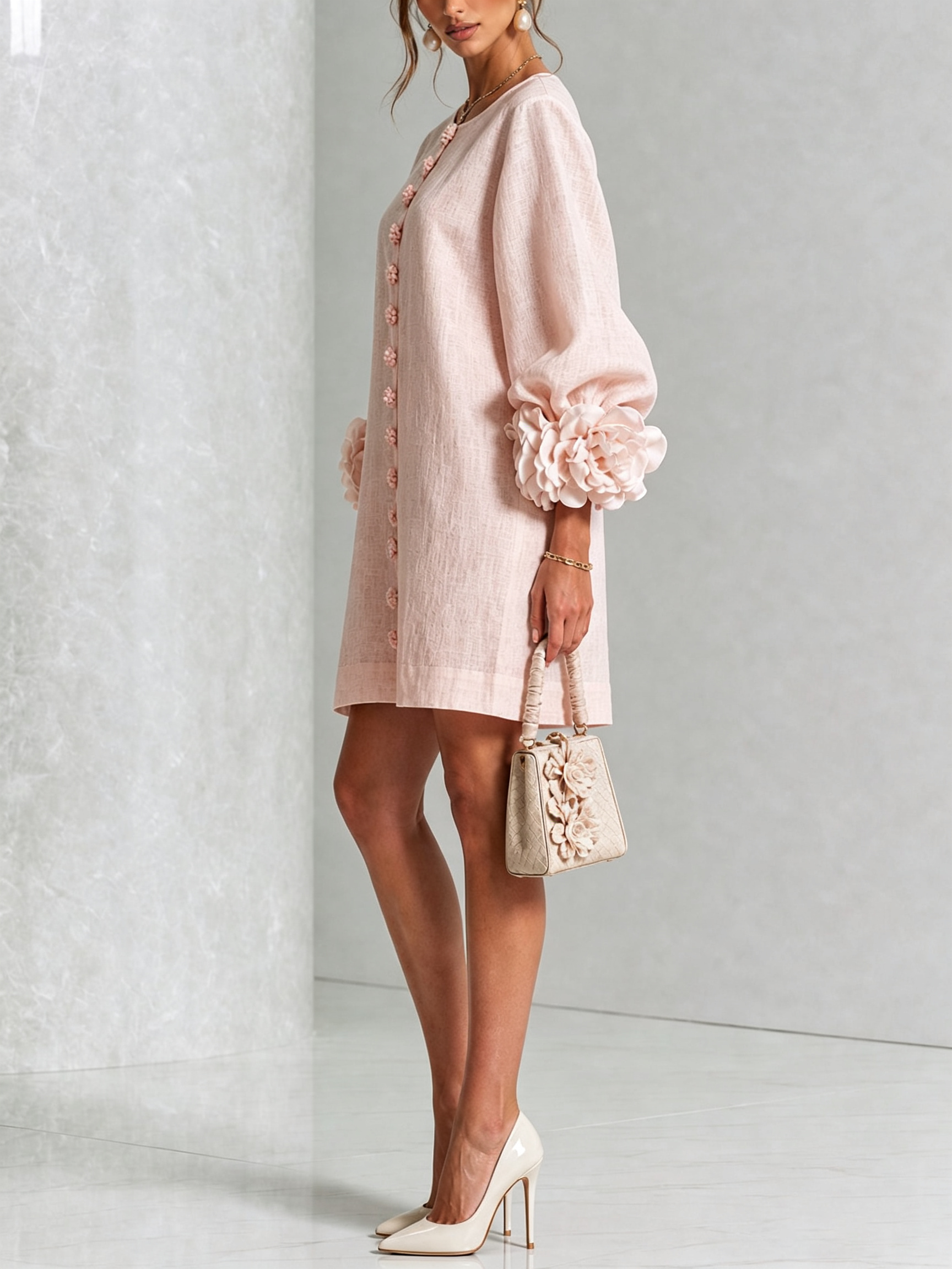 Light pink button-front midi dress with rosette sleeve detail, side view