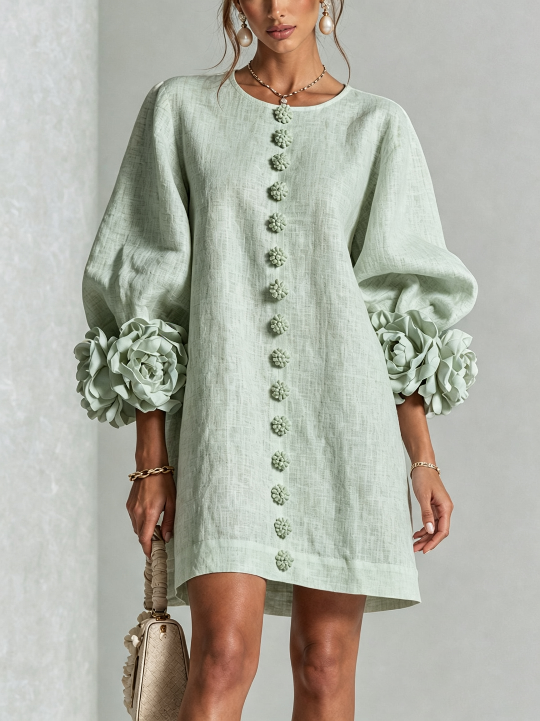 Sage green button-front mini dress with embroidered front placket and ruffled cuff details.