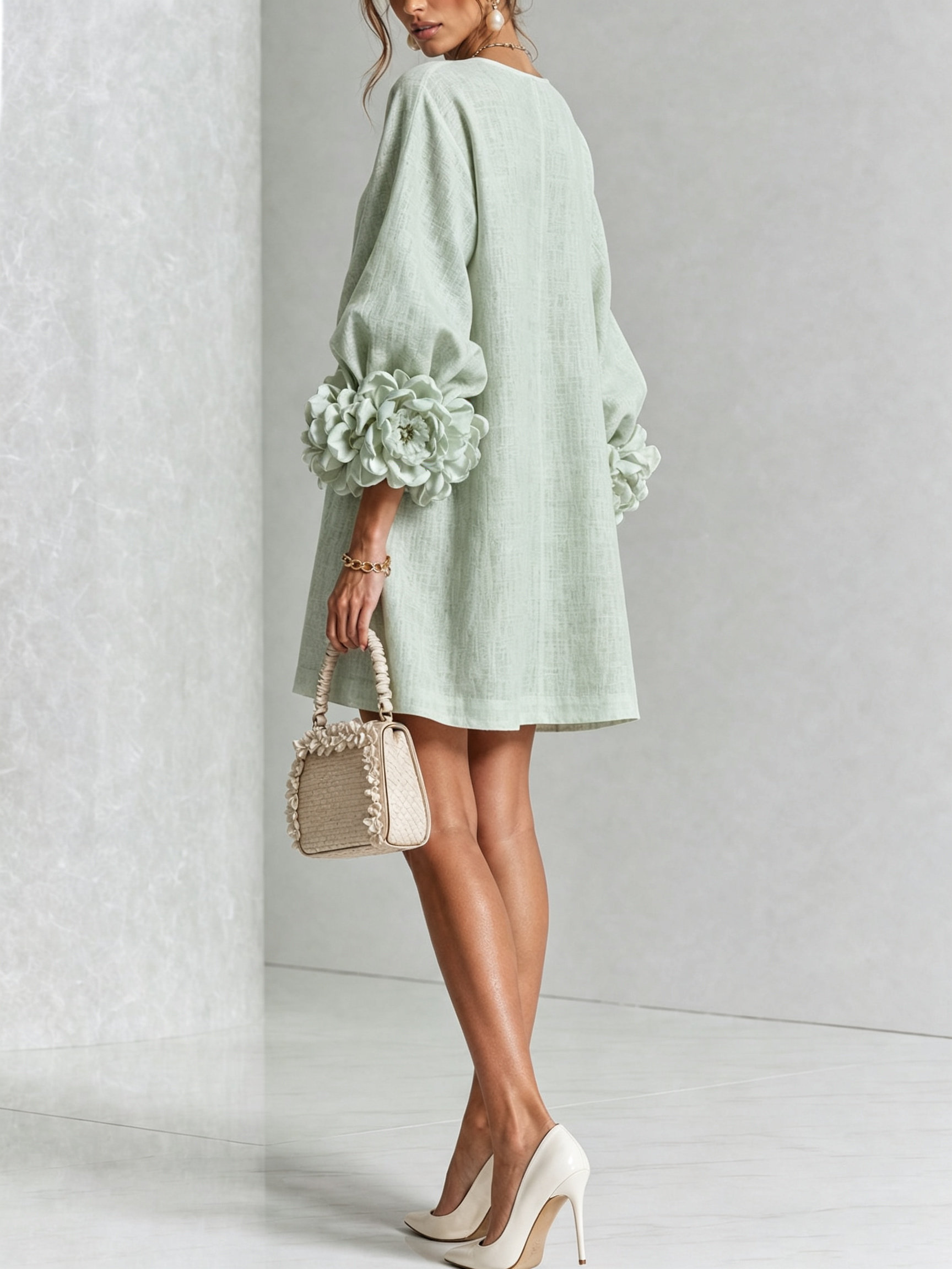 Sage green midi dress with puff sleeves and rosette cuffs, floral placket at center