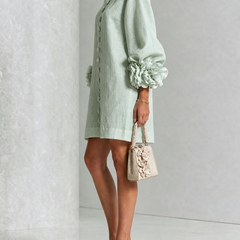 Sage green midi dress with round neck, floral-embroidered placket, puff sleeves