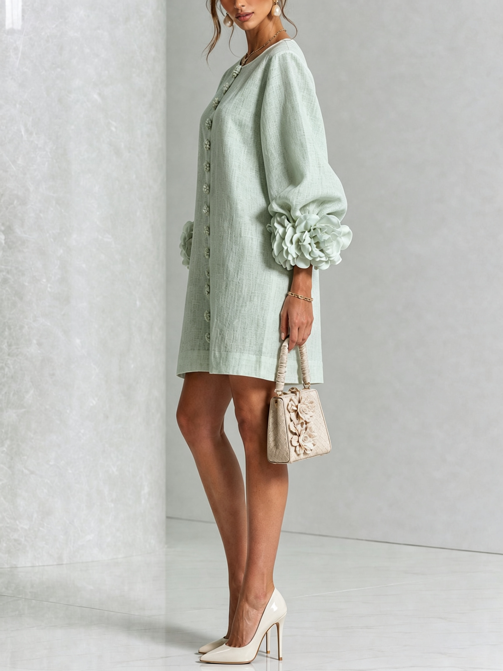 Sage green button-front mini dress with embroidered front placket and rose-like sleeve cuffs.