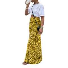 Yellow leopard print fishtail midi skirt with a flowing A-line fit