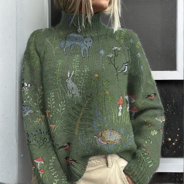 ZARA warm floral turtleneck sweater, dark green knit with colorful woodland print