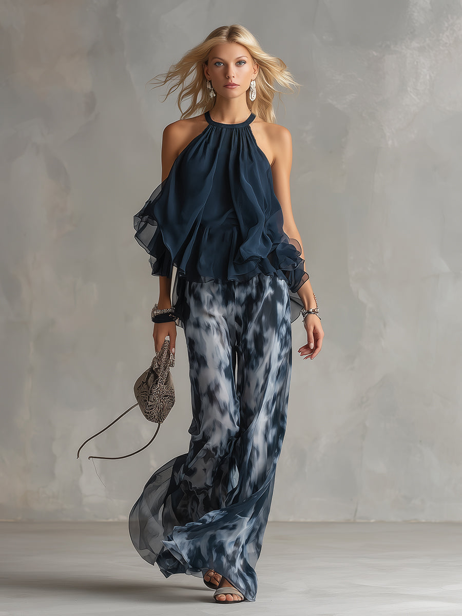 Two-piece halter ruffle top with wide-leg tie-dye printed pants, navy and slate