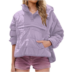 Purple oversized hooded pullover jacket with button front and chest pocket