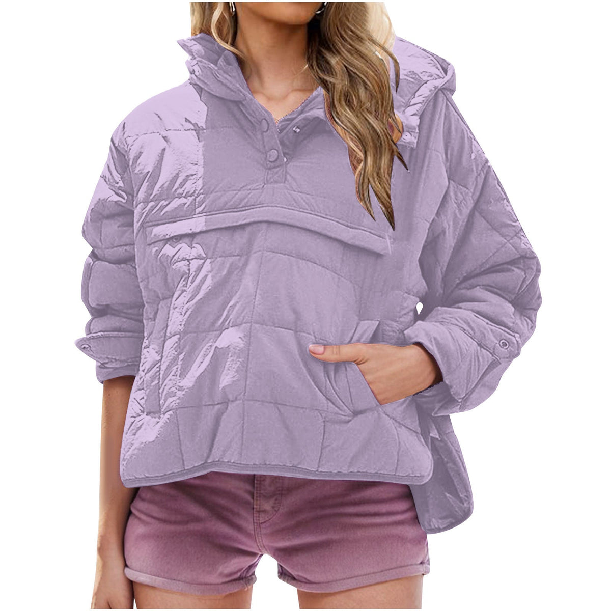 Purple oversized hooded pullover jacket with button front and chest pocket