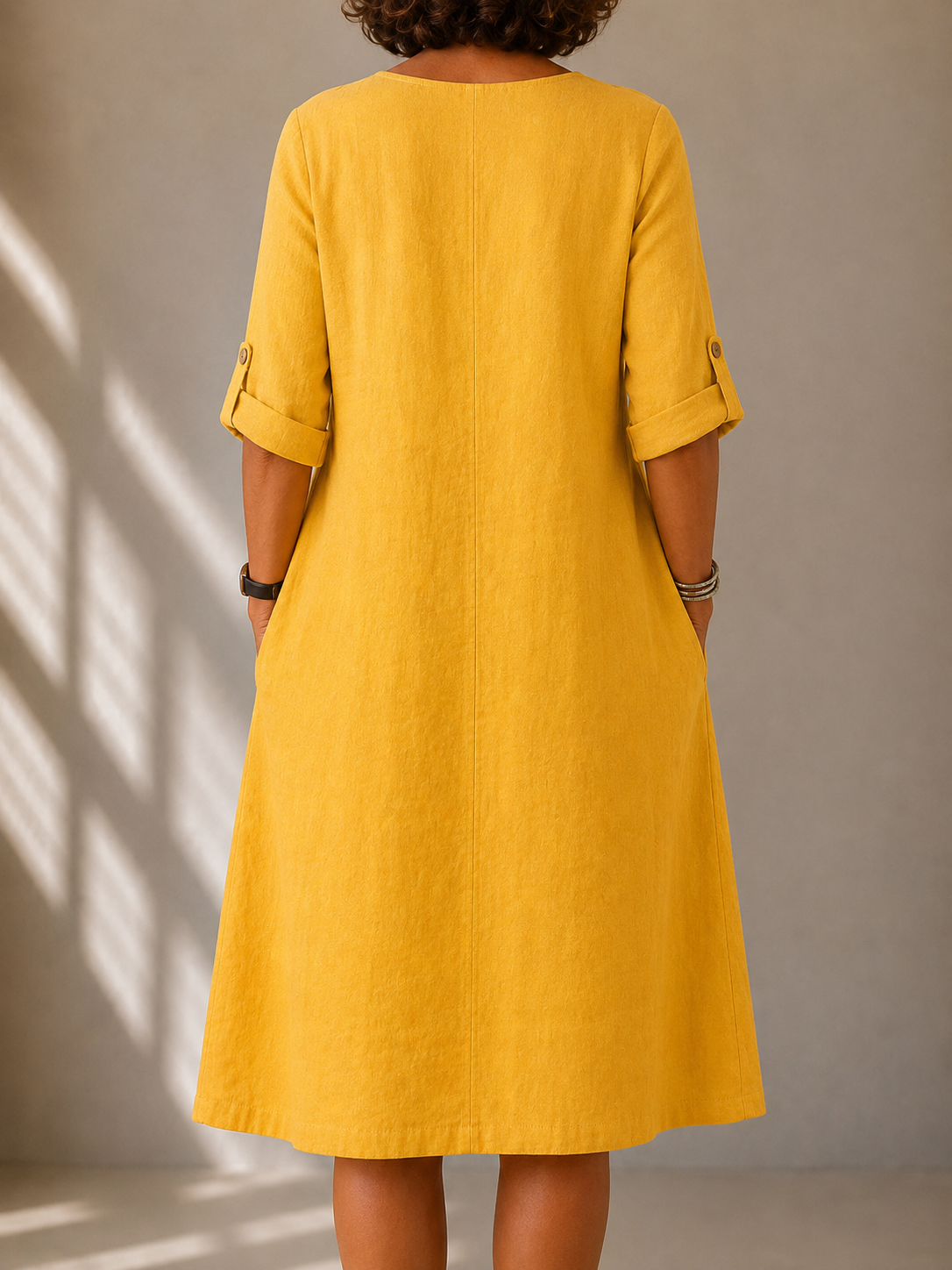 Vivian™ classic summer dress, yellow back view with elbow sleeves