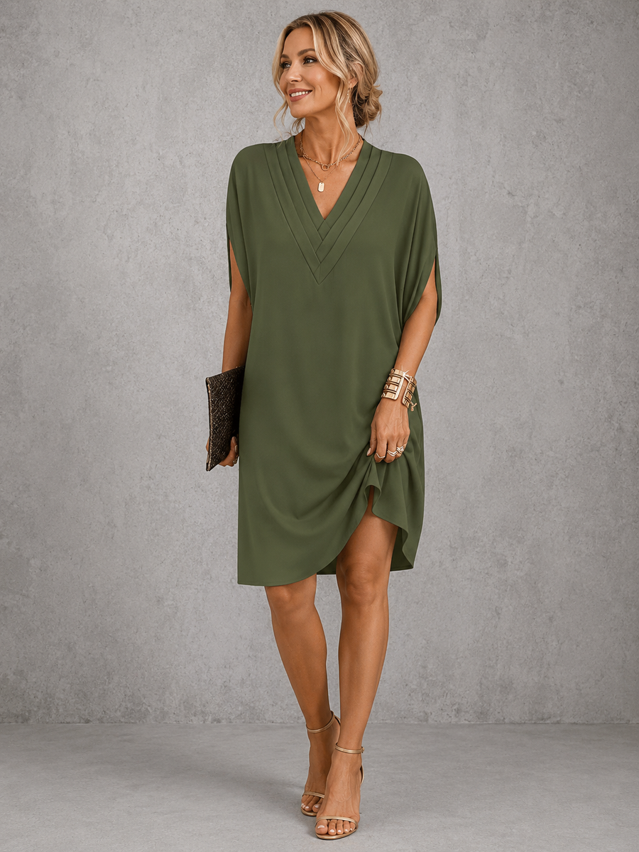 Military green midi dress with V-neck drape and short sleeves