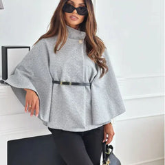 GAMORA high-neck cape jacket, gray with button collar and waist belt
