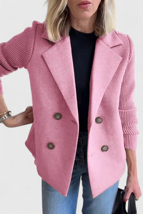 Pink double-breasted blazer jacket with button front and ribbed knit sleeve cuffs