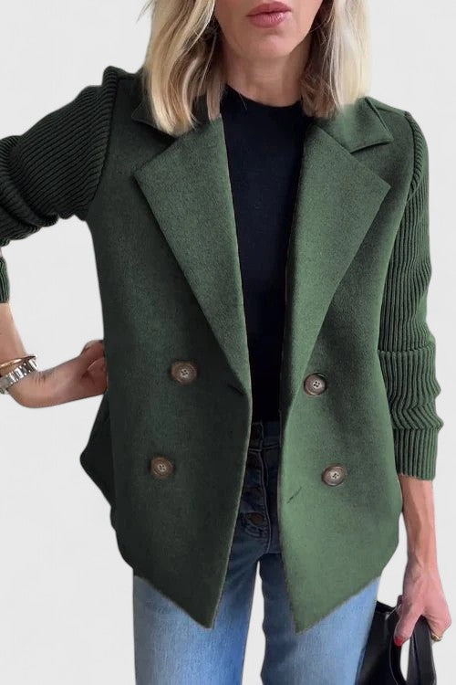 Dark green double-breasted blazer jacket with button front and ribbed knit sleeves