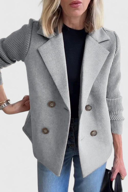 Light gray double-breasted blazer jacket with button front and ribbed knit sleeves