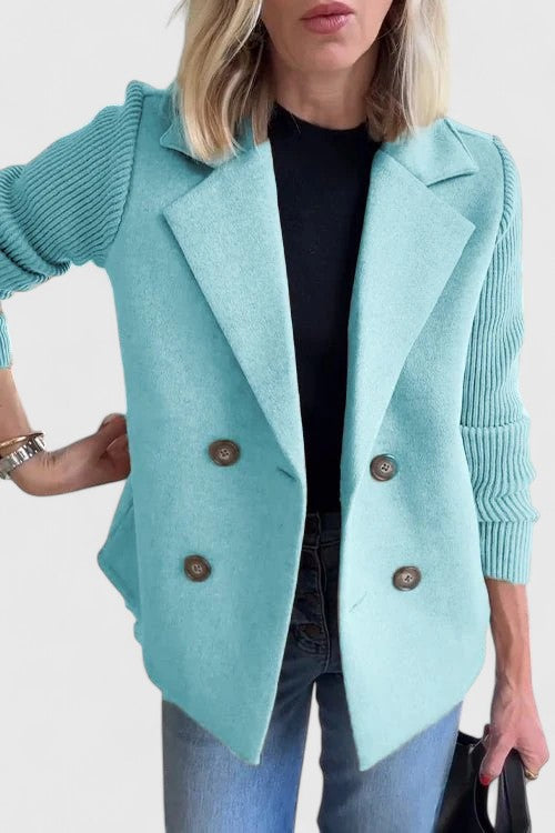Light blue double-breasted blazer jacket with button front and ribbed knit sleeves