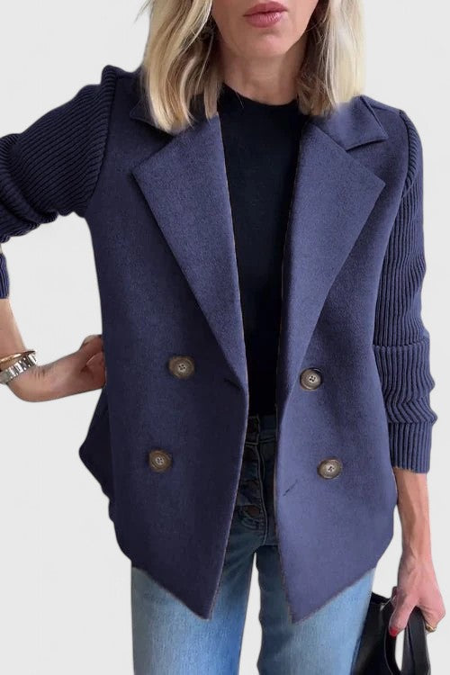 Navy double-breasted blazer jacket with button front and ribbed knit sleeves