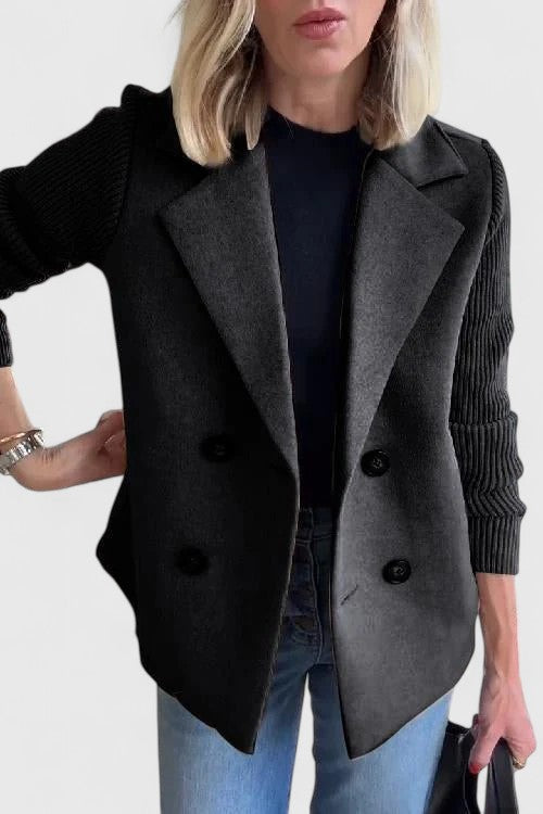Black double-breasted blazer jacket with button front and ribbed knit sleeves
