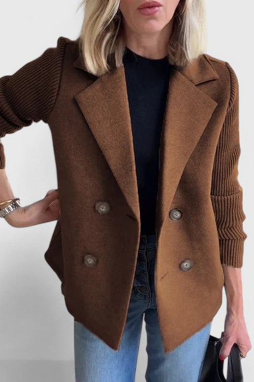 Dark brown double-breasted blazer jacket with button front and ribbed knit sleeves