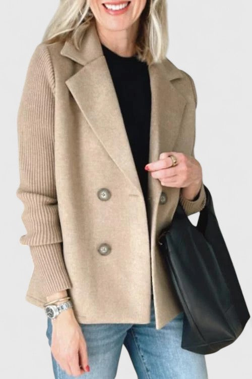 Beige double-breasted blazer jacket with button front and ribbed knit sleeves