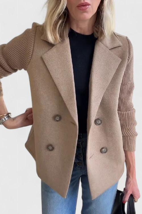 Beige double-breasted blazer jacket with button front and ribbed knit sleeve cuffs