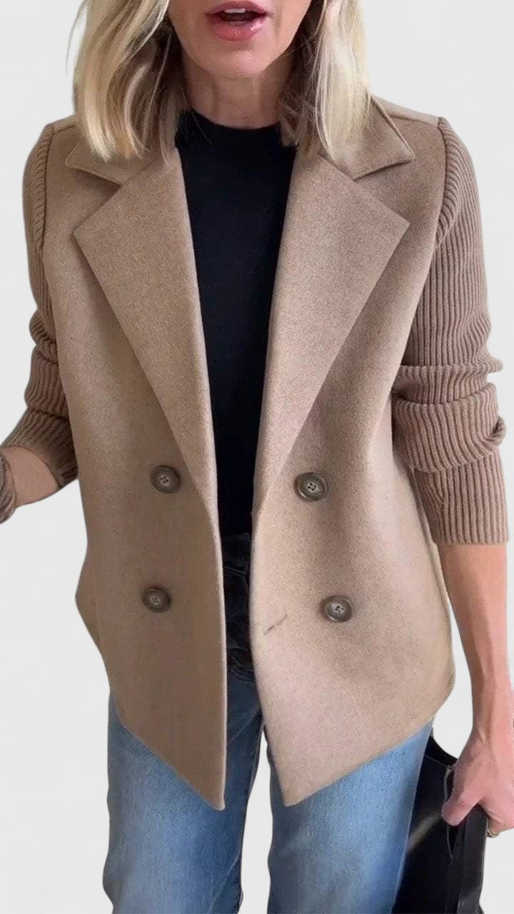 Dark beige blazer jacket with notched lapels, ribbed sleeves, and two-button front