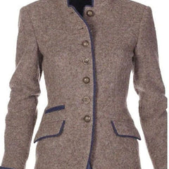 Women's textured blazer with button front, stand collar, and flap pockets