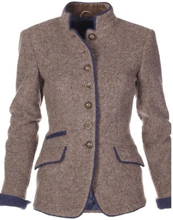 Women's textured blazer with button front, stand collar, and flap pockets